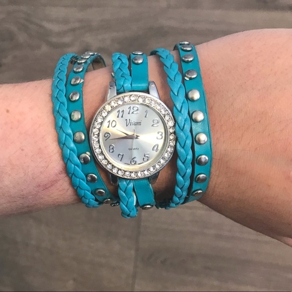 Turquoise wrap wrist watch silver studded strap needs battery - Picture 1 of 6